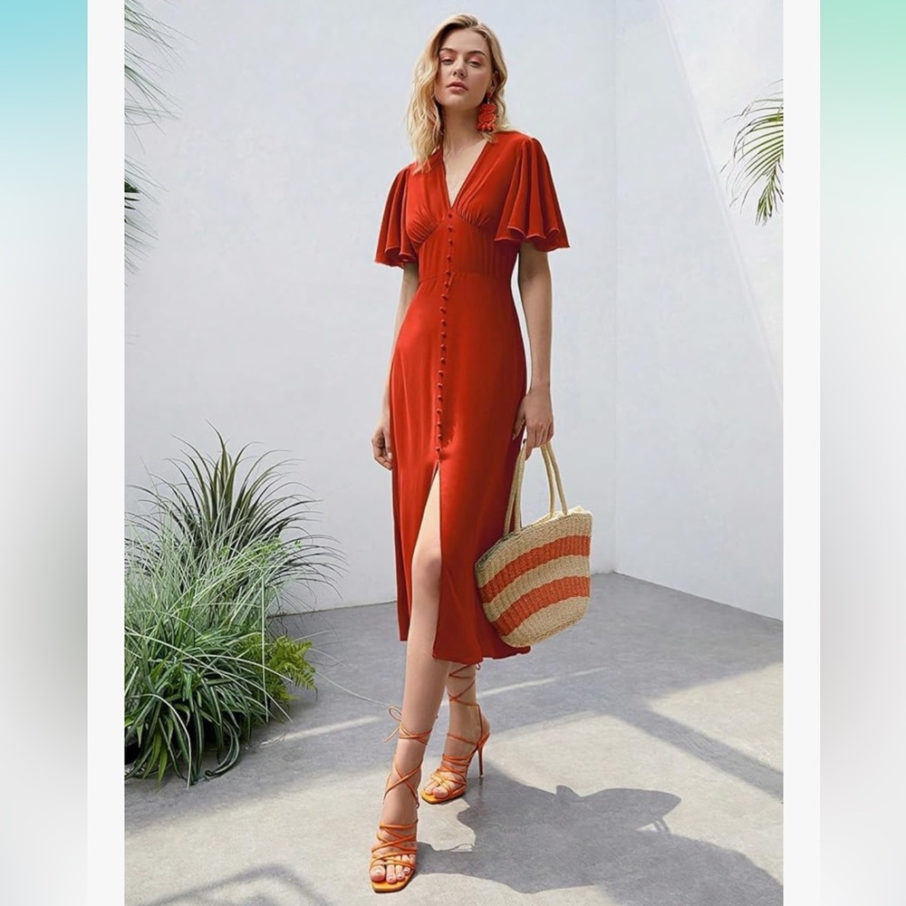 Elegant Orange Midi Classic Pinup Inspired Short Sleeve Women’s Dress Size Large - Picture 2 of 9